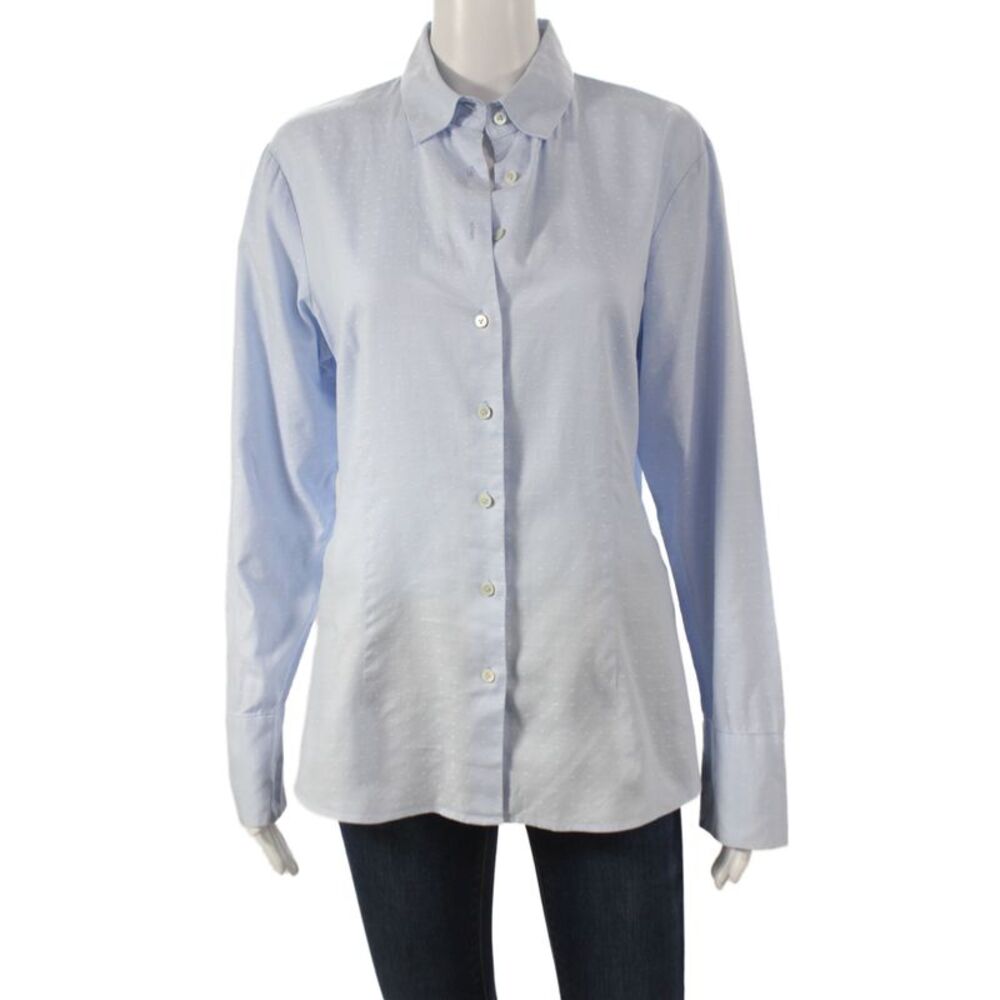 Van Laack Womens Blue Polka Dot Cotton Collared Button Up Long Sleeve Size 40